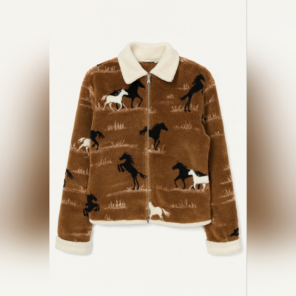 Teddy Zip-Front Jacket with Horse Print - Brown